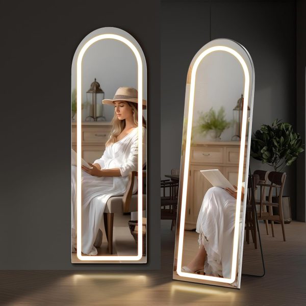 Arched Mirror Full Length with LED Lights, 16"x60" Body Wall Mirrors, Floor Standing Hanging Leaning, Tall Arch Mirror with Stand Aluminum Alloy Frame, Dimmable 3-Color Lighting for Bedroom Cloakroom