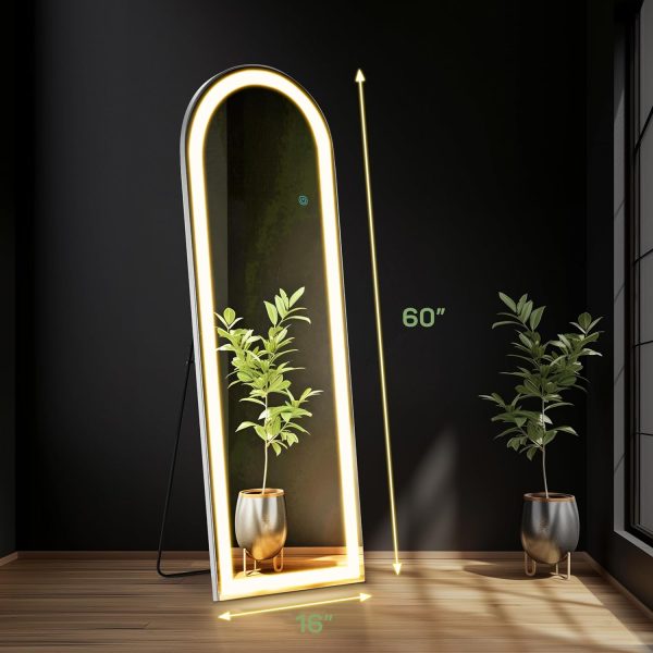 Arched Mirror Full Length with LED Lights, 16"x60" Body Wall Mirrors, Floor Standing Hanging Leaning, Tall Arch Mirror with Stand Aluminum Alloy Frame, Dimmable 3-Color Lighting for Bedroom Cloakroom - Image 2