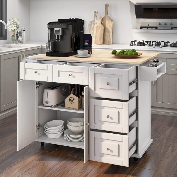 HOMREST 52" Mobil Kitchen Island Cart with Drop Leaf, Kitchen Cart Rolling Mobile Island with Wooden Countertop, Spice Rack, Adjustable Shelves and Drawers, Island Table for Kitchen, White