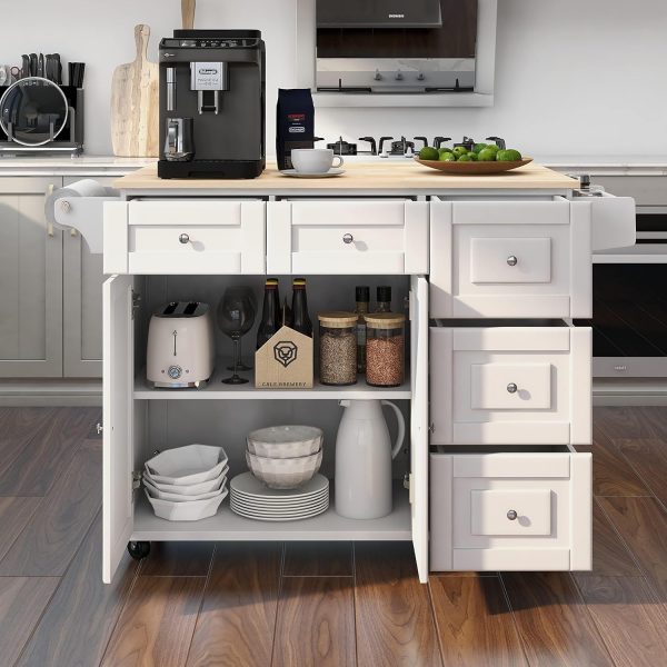 HOMREST 52" Mobil Kitchen Island Cart with Drop Leaf, Kitchen Cart Rolling Mobile Island with Wooden Countertop, Spice Rack, Adjustable Shelves and Drawers, Island Table for Kitchen, White - Image 2