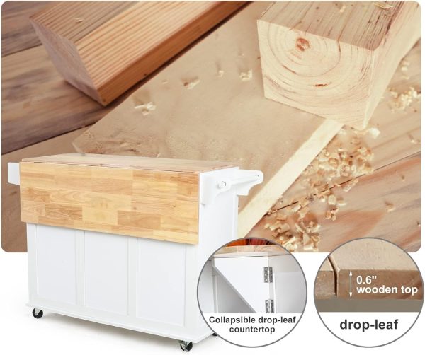 HOMREST 52" Mobil Kitchen Island Cart with Drop Leaf, Kitchen Cart Rolling Mobile Island with Wooden Countertop, Spice Rack, Adjustable Shelves and Drawers, Island Table for Kitchen, White - Image 3
