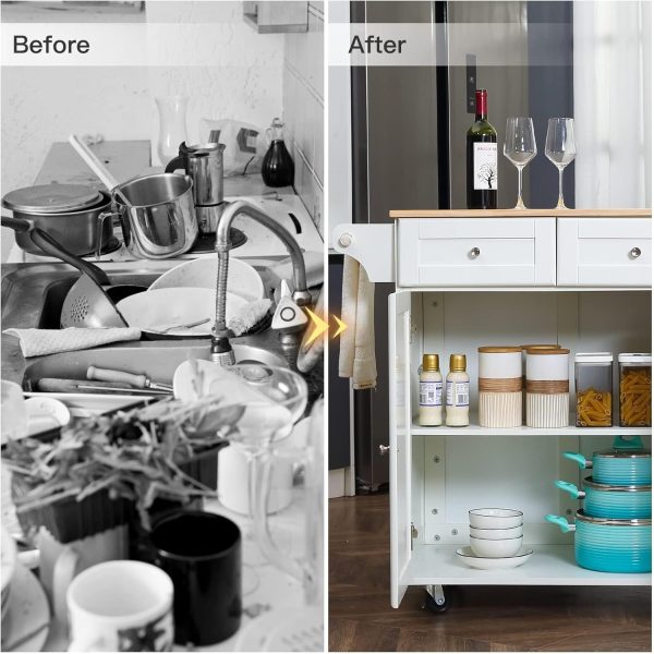 HOMREST 52" Mobil Kitchen Island Cart with Drop Leaf, Kitchen Cart Rolling Mobile Island with Wooden Countertop, Spice Rack, Adjustable Shelves and Drawers, Island Table for Kitchen, White - Image 5