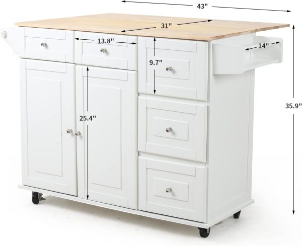 HOMREST 52" Mobil Kitchen Island Cart with Drop Leaf, Kitchen Cart Rolling Mobile Island with Wooden Countertop, Spice Rack, Adjustable Shelves and Drawers, Island Table for Kitchen, White - Image 6