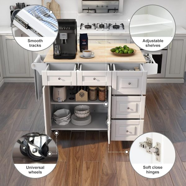 HOMREST 52" Mobil Kitchen Island Cart with Drop Leaf, Kitchen Cart Rolling Mobile Island with Wooden Countertop, Spice Rack, Adjustable Shelves and Drawers, Island Table for Kitchen, White - Image 7