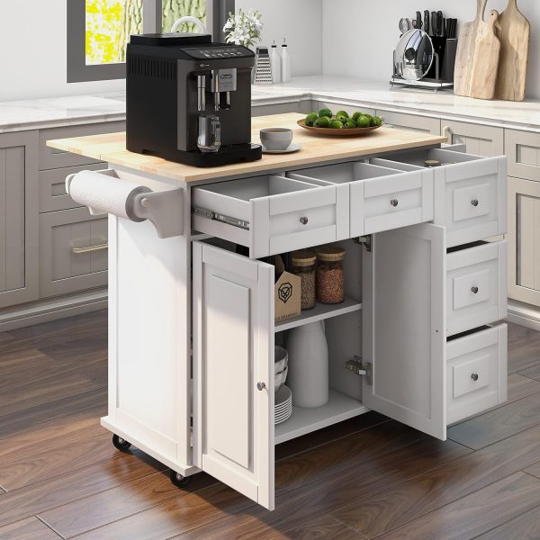 HOMREST 52" Mobil Kitchen Island Cart with Drop Leaf, Kitchen Cart Rolling Mobile Island with Wooden Countertop, Spice Rack, Adjustable Shelves and Drawers, Island Table for Kitchen, White - Image 9