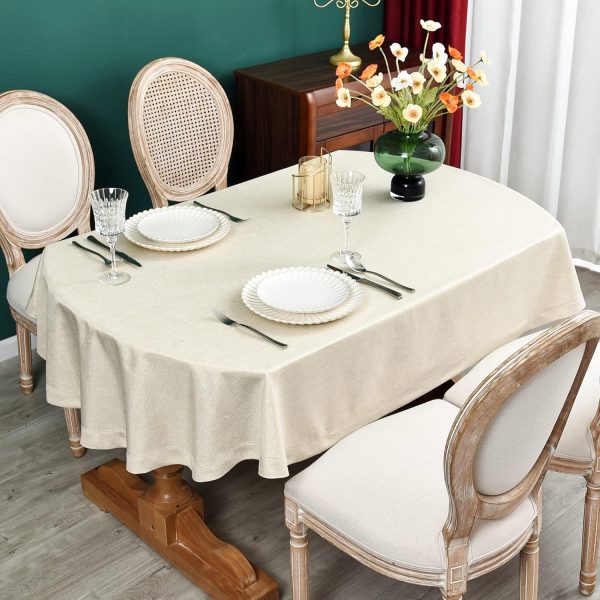 NEWISHER Farmhouse Oval Hemstitch Border Tablecloth Neutral Faux Linen Table Cloth Rustic Solid Beige Table Cover for Dining Kitchen Party Holiday Home 60x84 Inch - Image 2