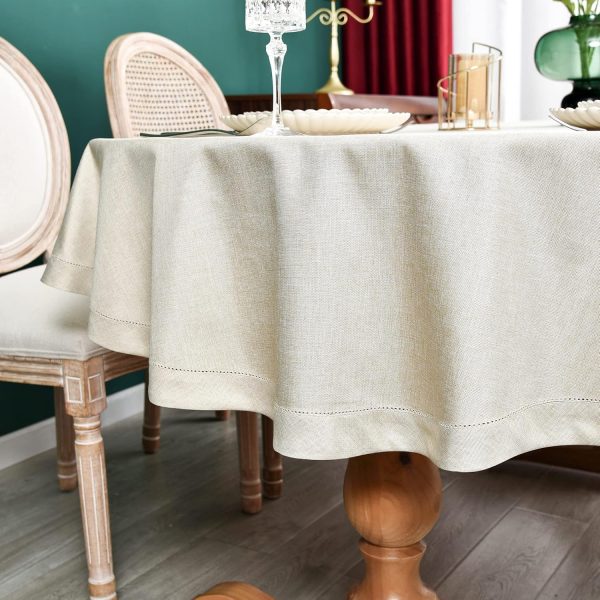 NEWISHER Farmhouse Oval Hemstitch Border Tablecloth Neutral Faux Linen Table Cloth Rustic Solid Beige Table Cover for Dining Kitchen Party Holiday Home 60x84 Inch - Image 5