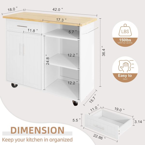 Shintenchi Kitchen Island Cart with Storage,Rolling Kitchen Island Side Table on Wheels with Large Worktop,Storage Cabinet,Towel Rack and Drawers for Kitchen,Dinning Room,White - Image 3