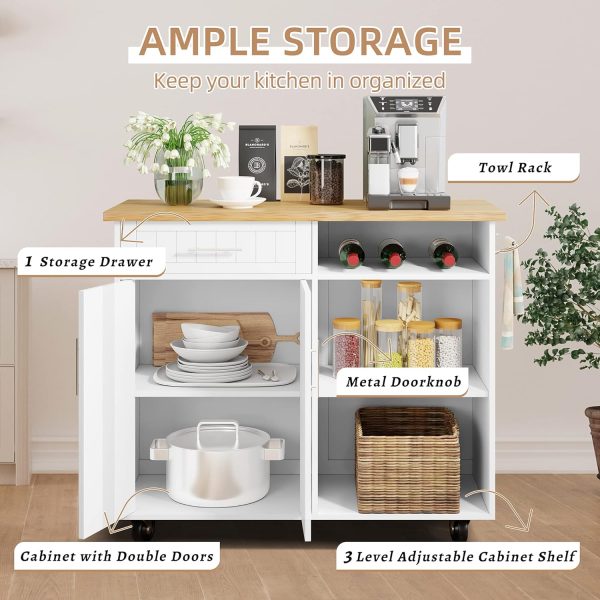 Shintenchi Kitchen Island Cart with Storage,Rolling Kitchen Island Side Table on Wheels with Large Worktop,Storage Cabinet,Towel Rack and Drawers for Kitchen,Dinning Room,White - Image 4